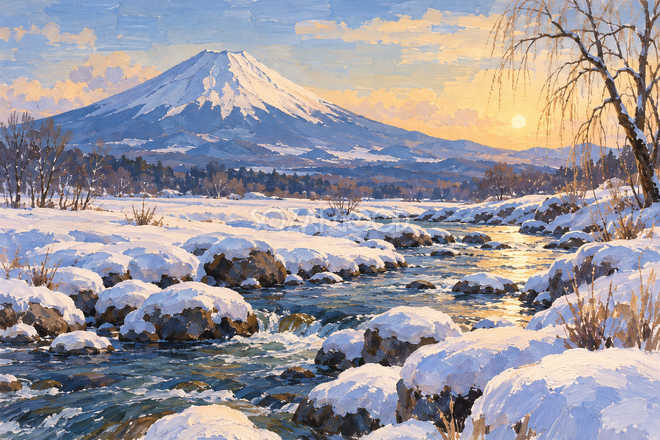 雪の渓流と富士山・ガッシュ 雪の渓流と富士山・ガッシュ
