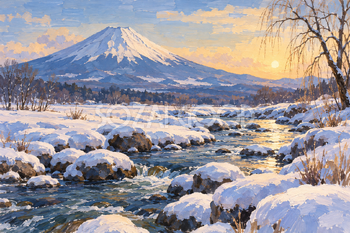 雪の渓流と富士山｜冬のガッシュ・横長背景・無料イラスト素材 116972