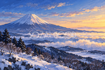 雲海と冬の富士山｜ガッシュ・横長背景・無料イラスト素材 116973
