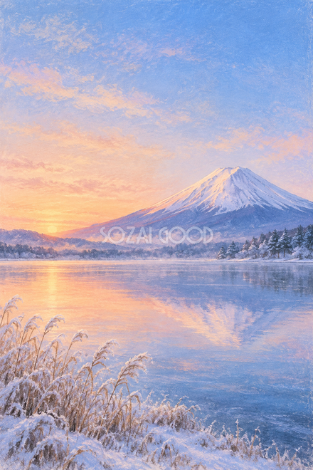 冬の湖と朝焼けの富士山・やわらかパステル 冬の湖と朝焼けの富士山・やわらかパステル