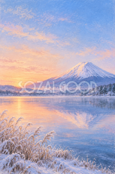 冬の湖と朝焼けの富士山｜やわらかパステル・縦長背景・無料イラスト素材 116975