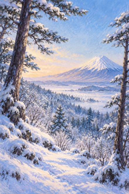 雪の松林から見る富士山・やわらかパステル