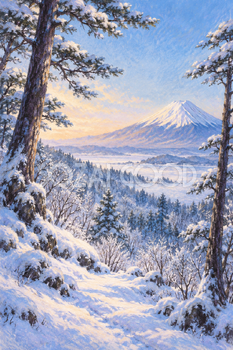 雪の松林から見る富士山｜冬のやわらかパステル・縦長背景・無料イラスト素材 116976