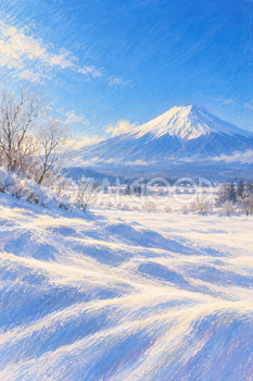 雪原と冬晴れの富士山｜やわらかパステル・縦長背景・無料イラスト素材 116977