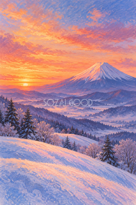 夕焼けと雪の丘の富士山・やわらかパステル 夕焼けと雪の丘の富士山・やわらかパステル