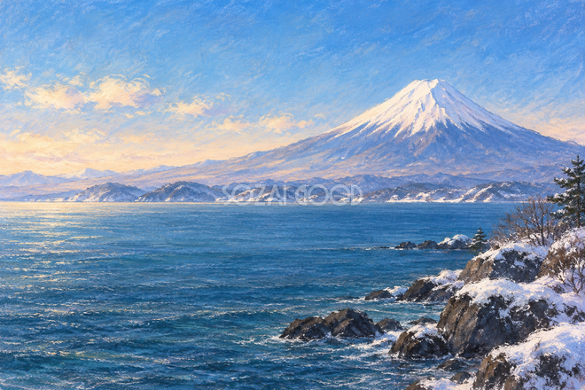 冬の海と富士山・やわらかパステル 冬の海と富士山・やわらかパステル