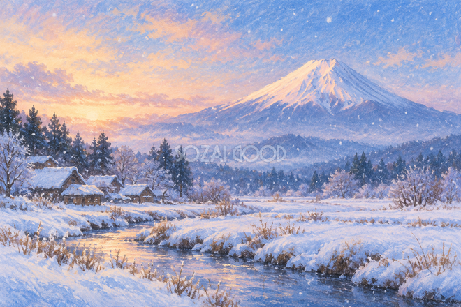 雪の里山と富士山・やわらかパステル 雪の里山と富士山・やわらかパステル