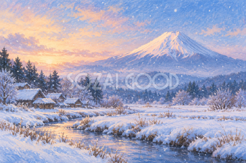 雪の里山と富士山｜冬のやわらかパステル・横長背景・無料イラスト素材 116981