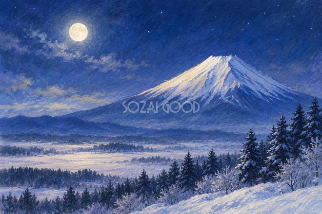 冬の月夜の富士山・やわらかパステル 冬の月夜の富士山・やわらかパステル