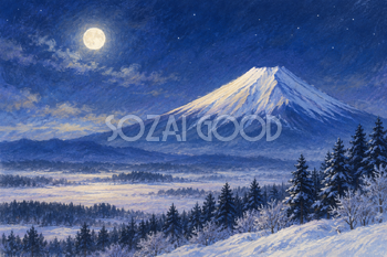 冬の月夜の富士山｜やわらかパステル・横長背景・無料イラスト素材 116982