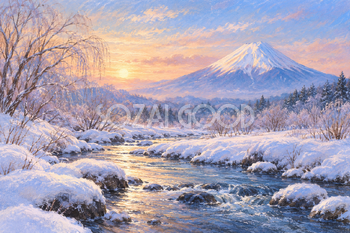 雪の渓流と富士山｜冬のやわらかパステル・横長背景・無料イラスト素材 116983