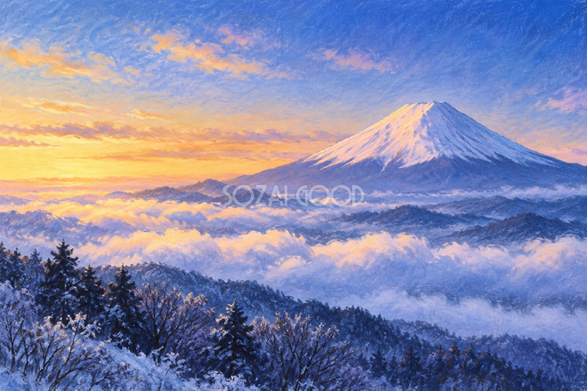 雲海と冬の富士山・やわらかパステル 雲海と冬の富士山・やわらかパステル