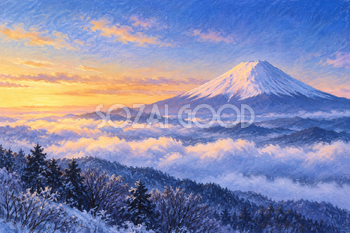 雲海と冬の富士山｜やわらかパステル・横長背景・無料イラスト素材 116984