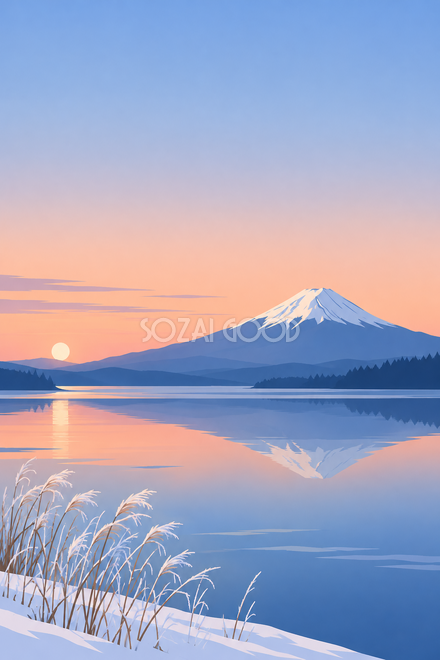 冬の湖と朝焼けの富士山・シンプルな平面