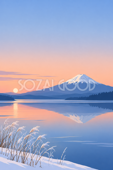 冬の湖と朝焼けの富士山｜シンプルな平面・縦長背景・無料イラスト素材 116986