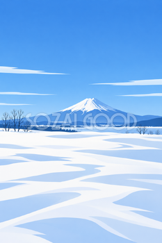 雪原と冬晴れの富士山｜シンプルな平面・縦長背景・無料イラスト素材 116988