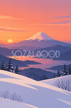 夕焼けと雪の丘の富士山｜冬のシンプルな平面・縦長背景・無料イラスト素材 116990