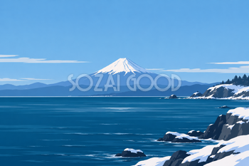 冬の海と富士山｜シンプルな平面・横長背景・無料イラスト素材 116991