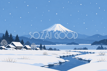 雪の里山と富士山｜冬のシンプルな平面・横長背景・無料イラスト素材 116992