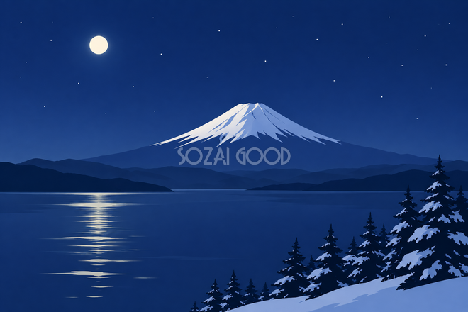 冬の月夜の富士山・シンプルな平面