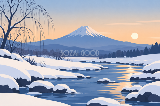 雪の渓流と富士山・シンプルな平面 雪の渓流と富士山・シンプルな平面