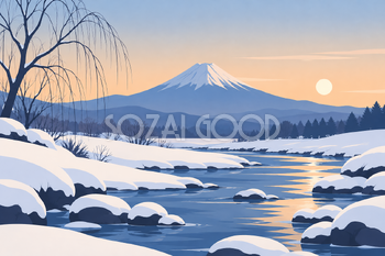 雪の渓流と富士山｜冬のシンプルな平面・横長背景・無料イラスト素材 116994