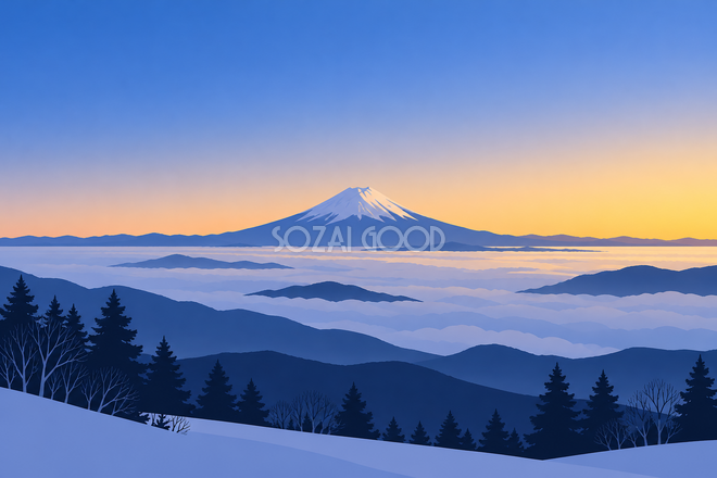 雲海と冬の富士山・シンプルな平面