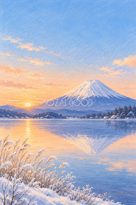 冬の湖と朝焼けの富士山・絵本タッチ 冬の湖と朝焼けの富士山・絵本タッチ