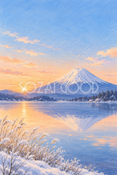 冬の湖と朝焼けの富士山｜絵本タッチ・縦長背景・無料イラスト素材 116997