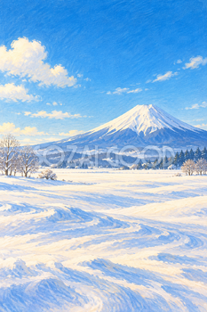 雪原と冬晴れの富士山｜絵本タッチ・縦長背景・無料イラスト素材 116999