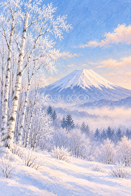 霧氷の白樺と富士山・絵本タッチ 霧氷の白樺と富士山・絵本タッチ