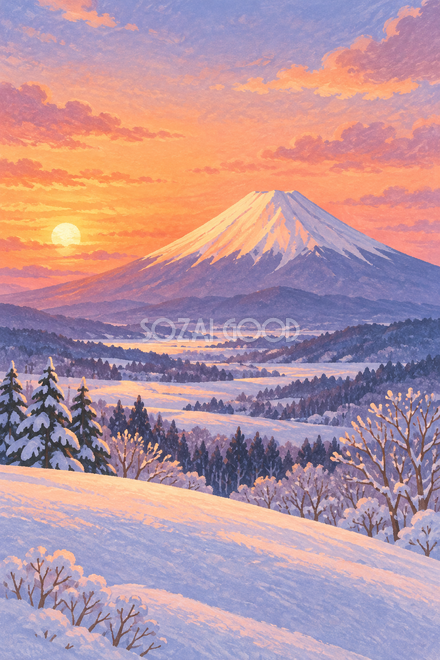 夕焼けと雪の丘の富士山・絵本タッチ