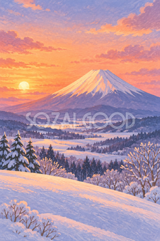 夕焼けと雪の丘の富士山｜冬の絵本タッチ・縦長背景・無料イラスト素材 117001