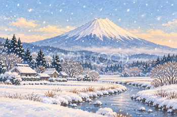 雪の里山と富士山｜冬の絵本タッチ・横長背景・無料イラスト素材 117003
