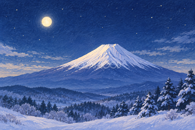 冬の月夜の富士山・絵本タッチ 冬の月夜の富士山・絵本タッチ