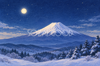 冬の月夜の富士山｜絵本タッチ・横長背景・無料イラスト素材 117004