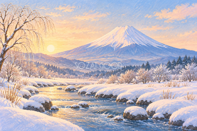 雪の渓流と富士山・絵本タッチ 雪の渓流と富士山・絵本タッチ