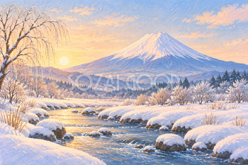 雪の渓流と富士山｜冬の絵本タッチ・横長背景・無料イラスト素材 117005