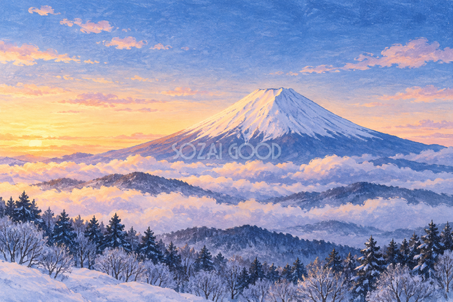 雲海と冬の富士山・絵本タッチ 雲海と冬の富士山・絵本タッチ