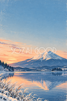 冬の湖と朝焼けの富士山｜レトロポスター調・縦長背景・無料イラスト素材 117008