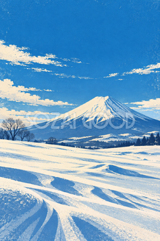 雪原と冬晴れの富士山｜レトロポスター調・縦長背景・無料イラスト素材 117010