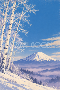 霧氷の白樺と富士山｜冬のレトロポスター調・縦長背景・無料イラスト素材 117011