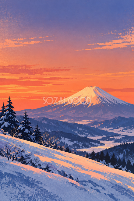 夕焼けと雪の丘の富士山・レトロポスター調 夕焼けと雪の丘の富士山・レトロポスター調