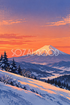夕焼けと雪の丘の富士山｜冬のレトロポスター調・縦長背景・無料イラスト素材 117012