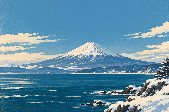 冬の海と富士山・レトロポスター調 冬の海と富士山・レトロポスター調