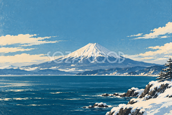 冬の海と富士山｜レトロポスター調・横長背景・無料イラスト素材 117013