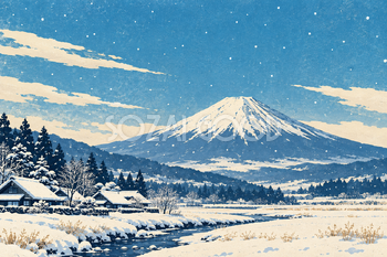 雪の里山と富士山｜冬のレトロポスター調・横長背景・無料イラスト素材 117014