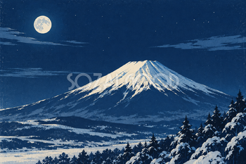 冬の月夜の富士山｜レトロポスター調・横長背景・無料イラスト素材 117015