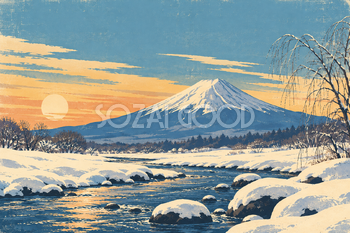 雪の渓流と富士山｜冬のレトロポスター調・横長背景・無料イラスト素材 117016