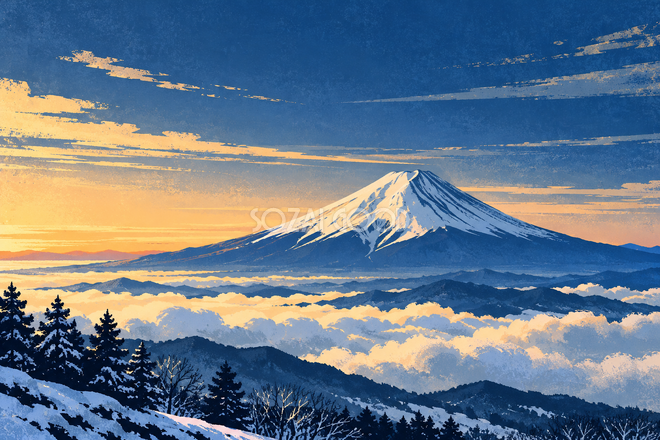 雲海と冬の富士山・レトロポスター調 雲海と冬の富士山・レトロポスター調